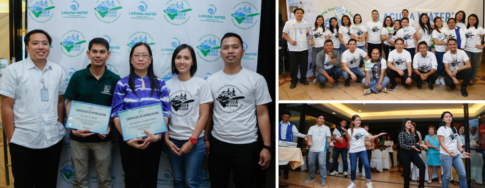 Photo on Left (L-R): Laguna Water Operations Head Rodel V. Del Rosario, Dr. Noel G. Sabino, Dr. Marissa J. Sobremisana, Laguna Water Business Operations Head Sol N. Dimayuga, and Laguna Water General Manager Melvin John M. Tan. Upper Right Photo: Laguna Water’s TSEK ng Bayan Team. Lower Right Photo: Laguna Water dances to the company’s desludging services jingle, Poopoo song.